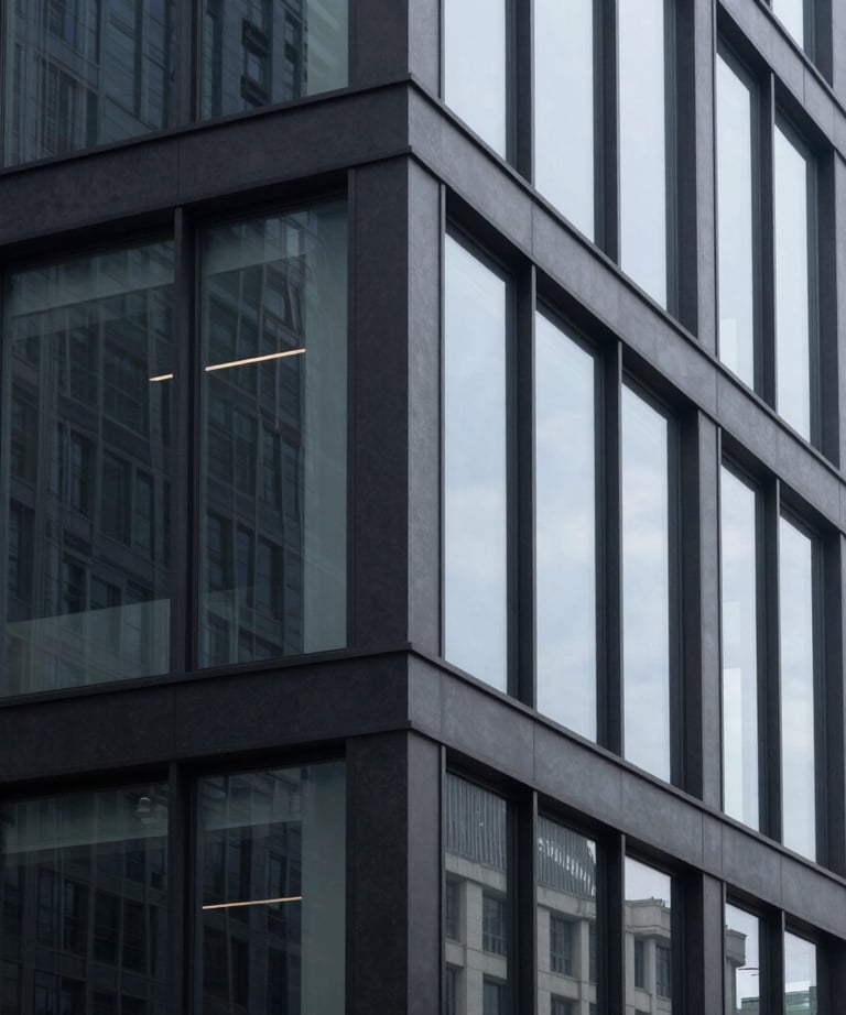 Minimalist photography of a sleek, dark-gray modern building exterior with large glass panels, in a North American business district.