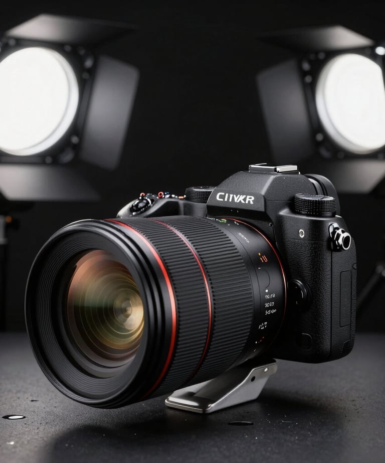 Photography of a high-end camera lens and professional lighting equipment in a dark North American studio.