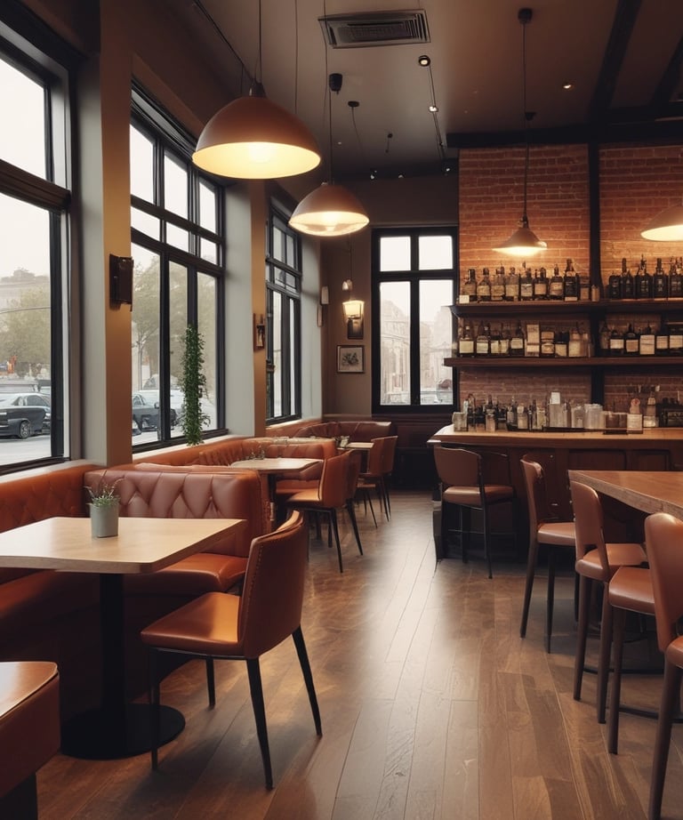 Stylish shot of the restaurant’s minimalist and luxurious interior with teal and gold accents.