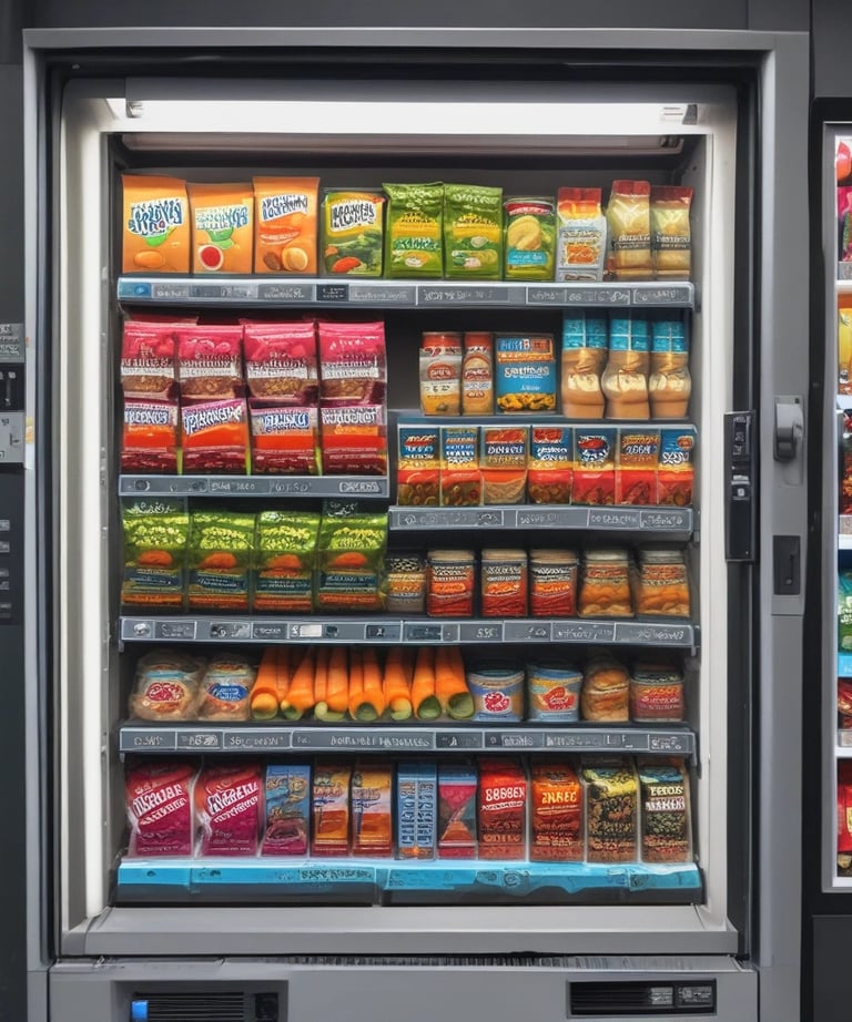 Close-up of healthy snack options displayed in a sophisticated vending unit, highlighting fresh, vibrant packaging.