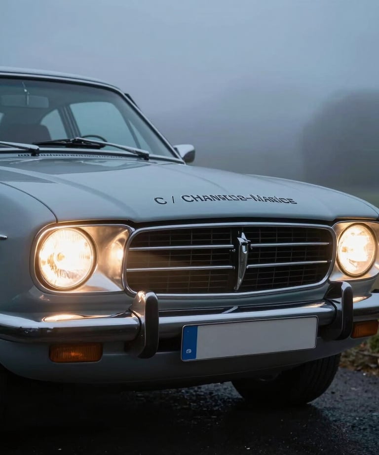 Dramatic low-angle shot of a classic car's front end, headlights glowing in the evening mist of French / Charente-Maritime.
