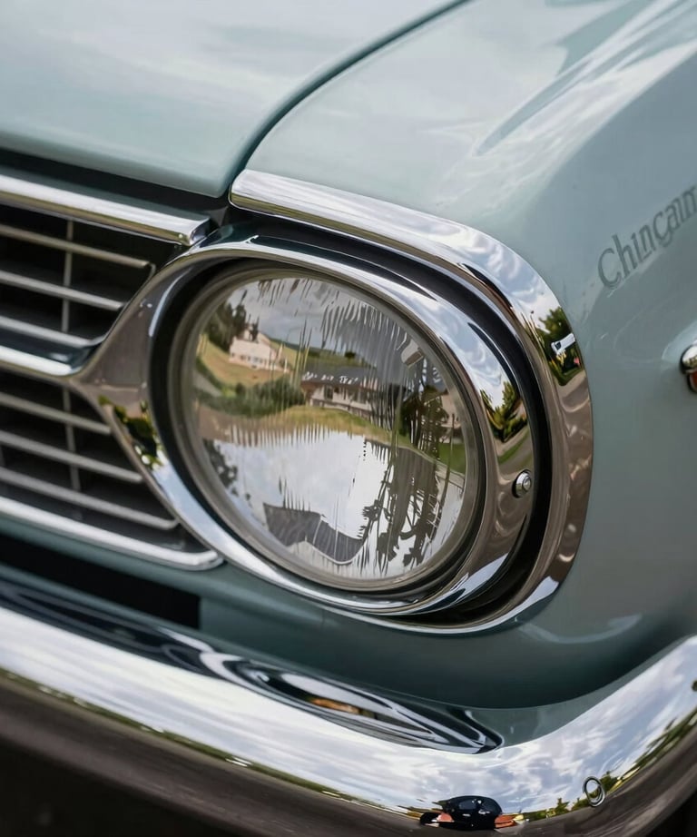 High-detail macro photograph of chrome detailing on a vintage vehicle, showing perfect reflections of the French / Charente-Maritime countryside.