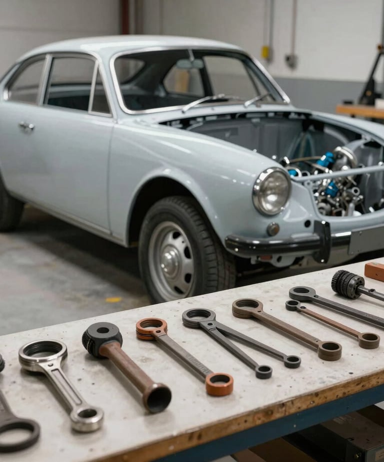Workshop view with a classic car under restoration, tools neatly organized on a workbench in French / Charente-Maritime.