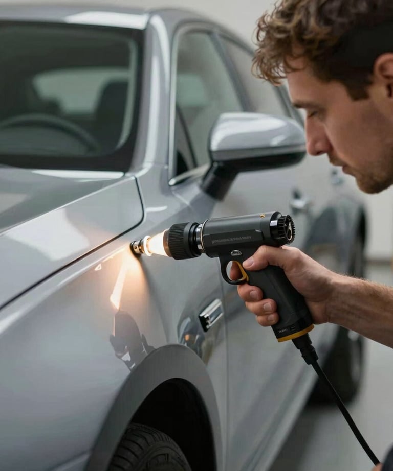 A technician using a specialized lighting tool to inspect the surface of a car for imperfections in French / Charente-Maritime.
