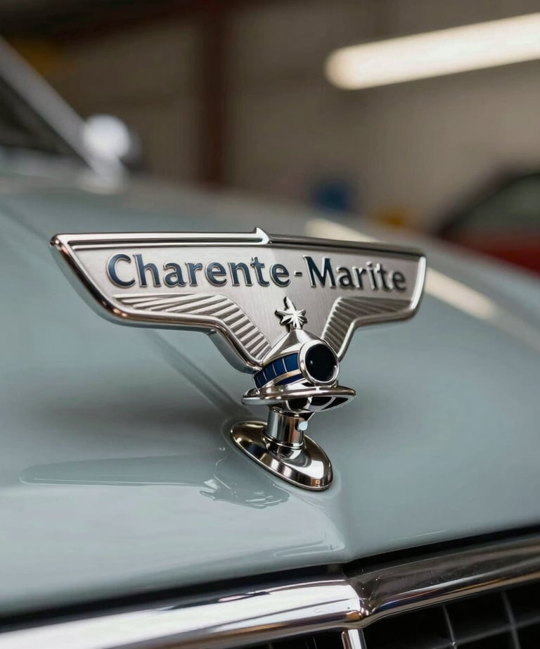Close-up of a high-end car emblem with soft focus on a classic workshop background in French / Charente-Maritime.