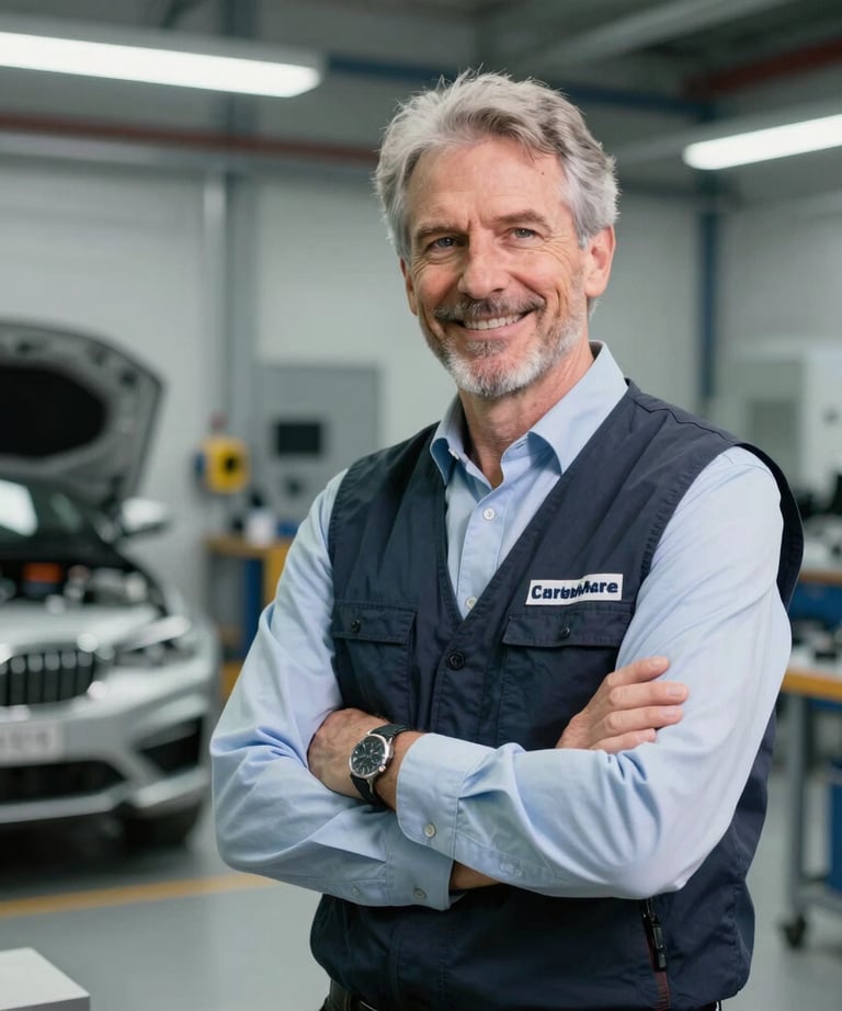Portrait of a senior workshop manager in professional attire, smiling in a clean, high-tech automotive shop in French / Charente-Maritime.