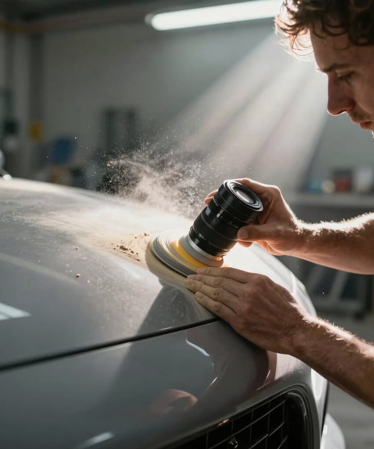 Action shot of an artisan sanding a car surface, dust particles suspended in beams of light in a workshop in French / Charente-Maritime.