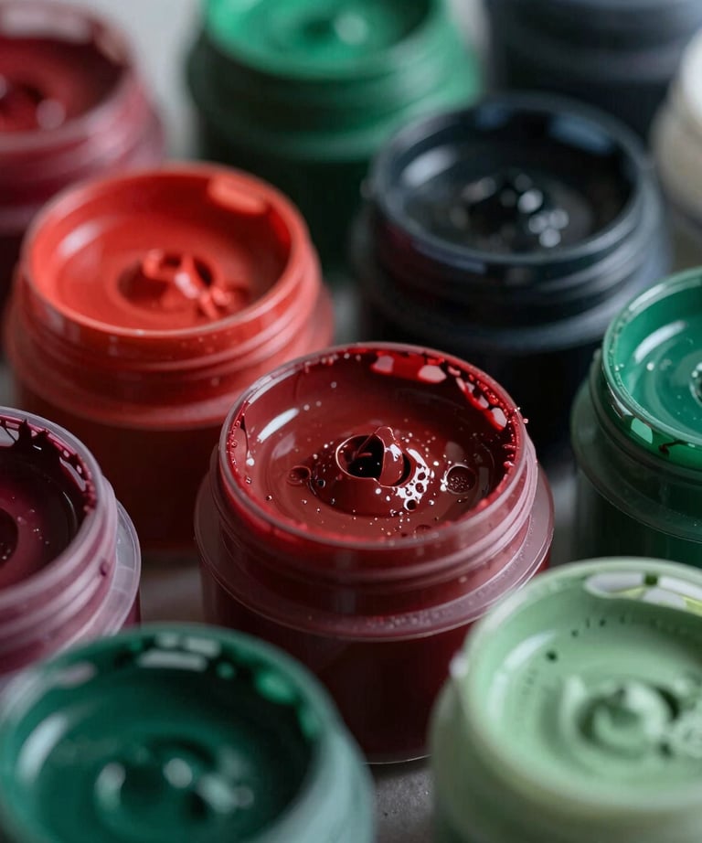 Close-up photography of a set of professional automotive paints in deep red and forest green containers in French / Charente-Maritime.