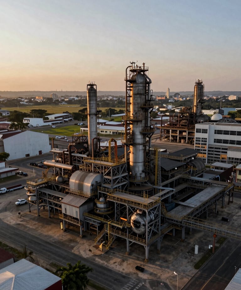 A cinematic aerial view of an industrial complex in Brazil during sunset, highlighting the textures and scale of the site. Muted colors and long shadows.