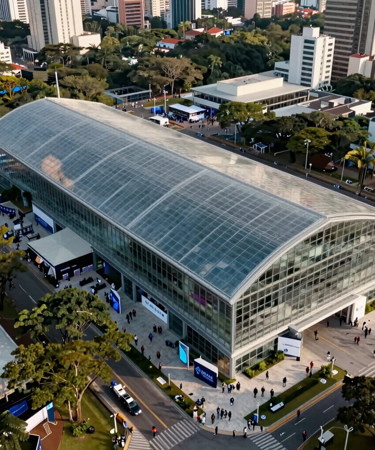 An aerial shot of a large tech conference held in a modern glass pavilion in São Paulo, showing the layout from above. Clean and professional.