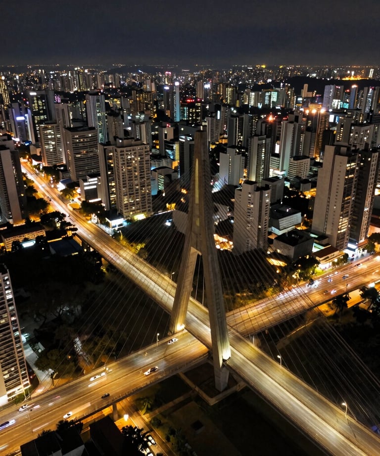 A stunning aerial view of the Octávio Frias de Oliveira Bridge in São Paulo at night, showing the lights and the city traffic. High-end professional drone photography.