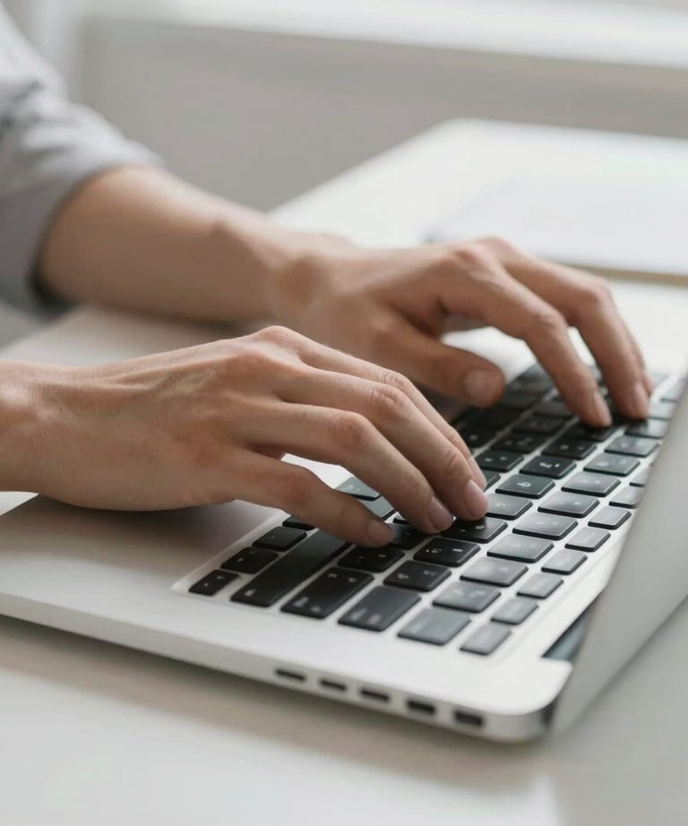 A focused shot of a person's hands typing on a laptop with a view of a clean, bright workspace behind them.