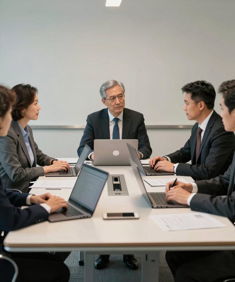 A group of professionals in business attire sitting around a modern conference table with laptops, Academic / Professional Global context.