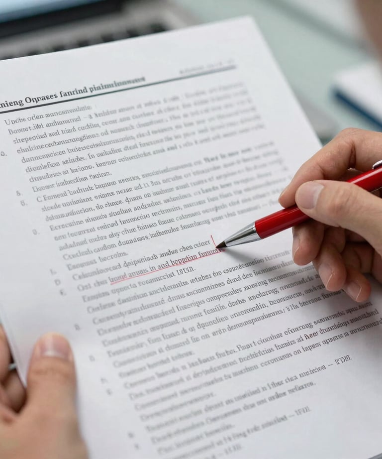 A researcher reviewing a series of printed academic papers with a red pen, highlighting key data points.