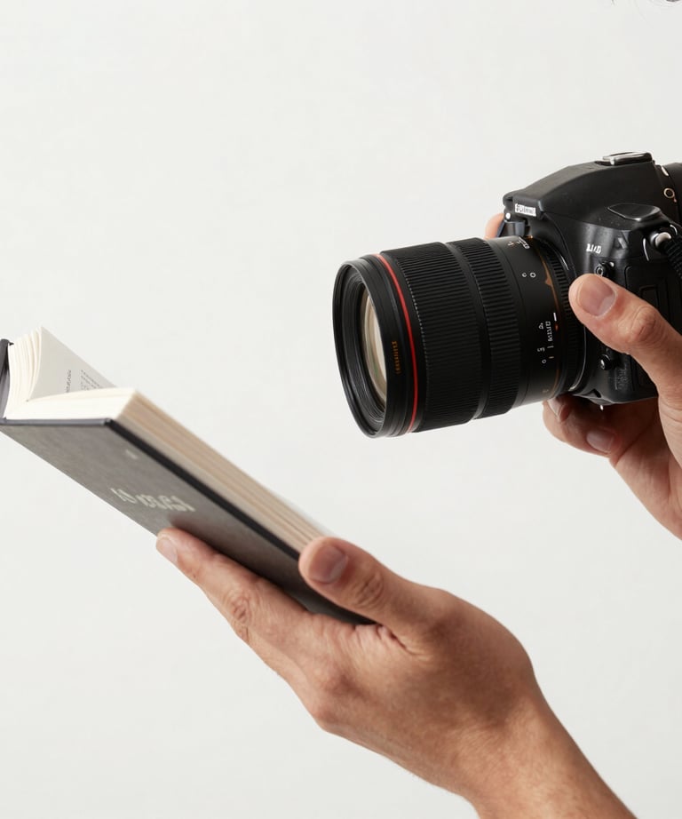 A professional photographer setting up a shot of a book against a clean white background for a marketing campaign.