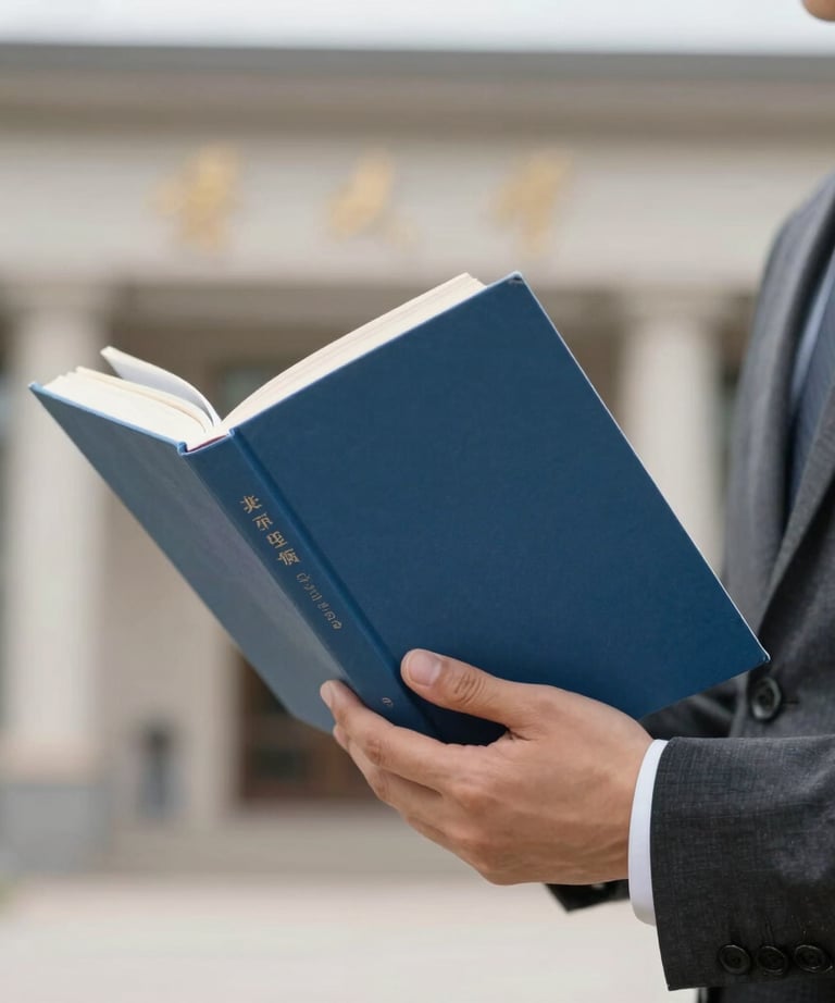 A clean shot of a book being held by a person in a professional suit, set against an out-of-focus academic background.