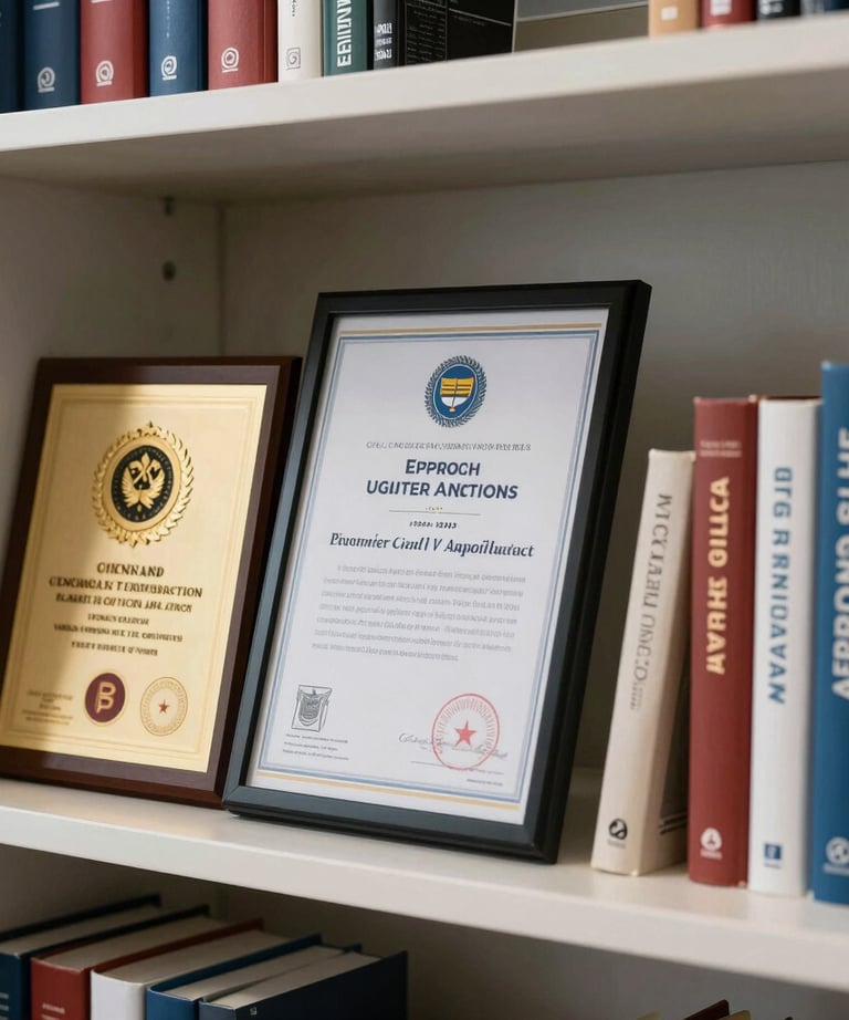 An organized office shelf with academic awards, professional certifications, and published books.