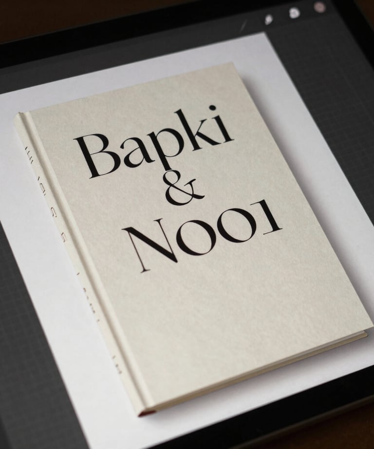 A close-up of a designer's screen showing an elegant book cover design in progress with serif typography.