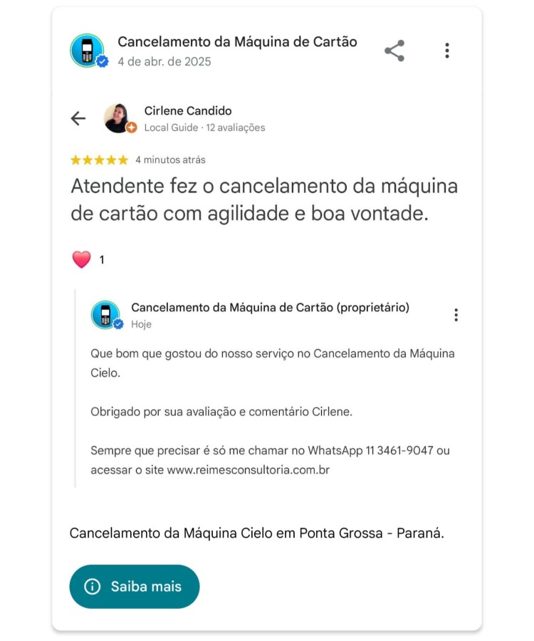Cancelamento da Maquina Cielo em Ponta Grossa Parana