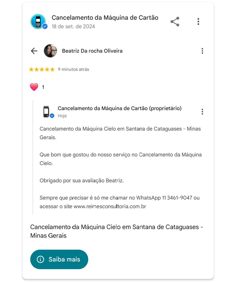 Cancelamento da Maquina Cielo em Santana de Cataguases Minas Gerais