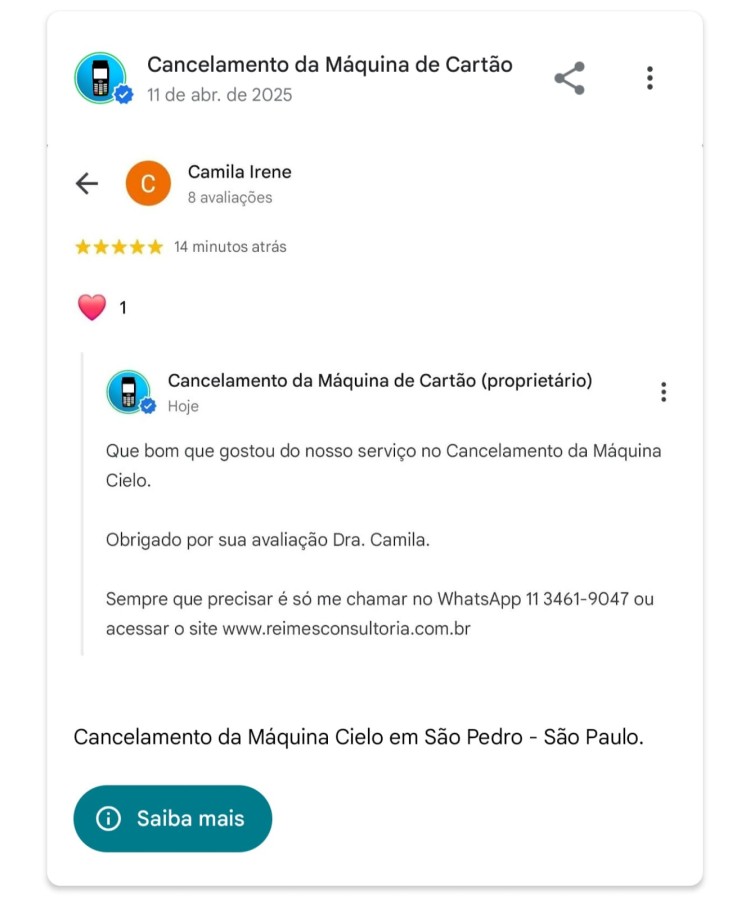 Cancelamento da Maquina Cielo em Sao Pedro Sao Paulo