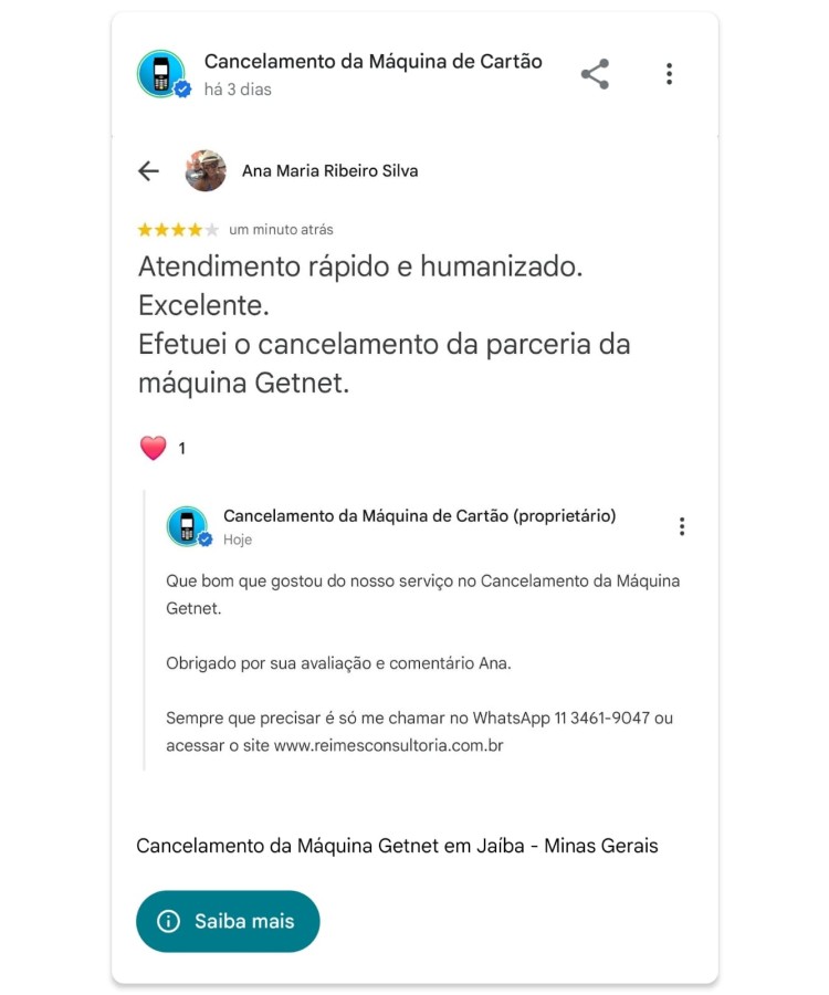Cancelamento da Maquina Getnet em Jaiba Minas Gerais
