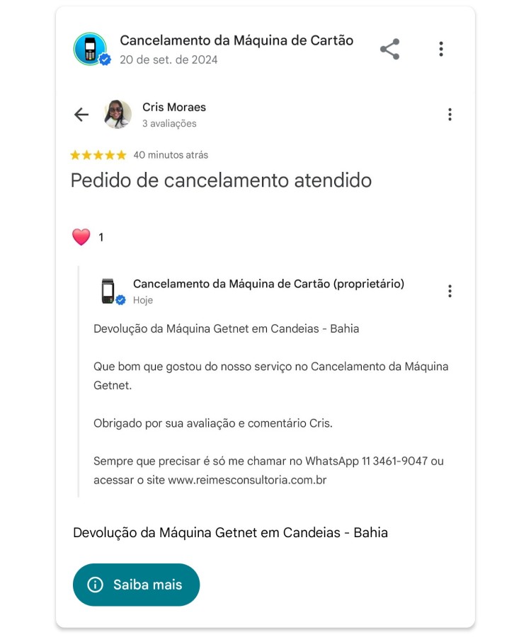 Devolucao da Maquina Getnet em Candeias Bahia