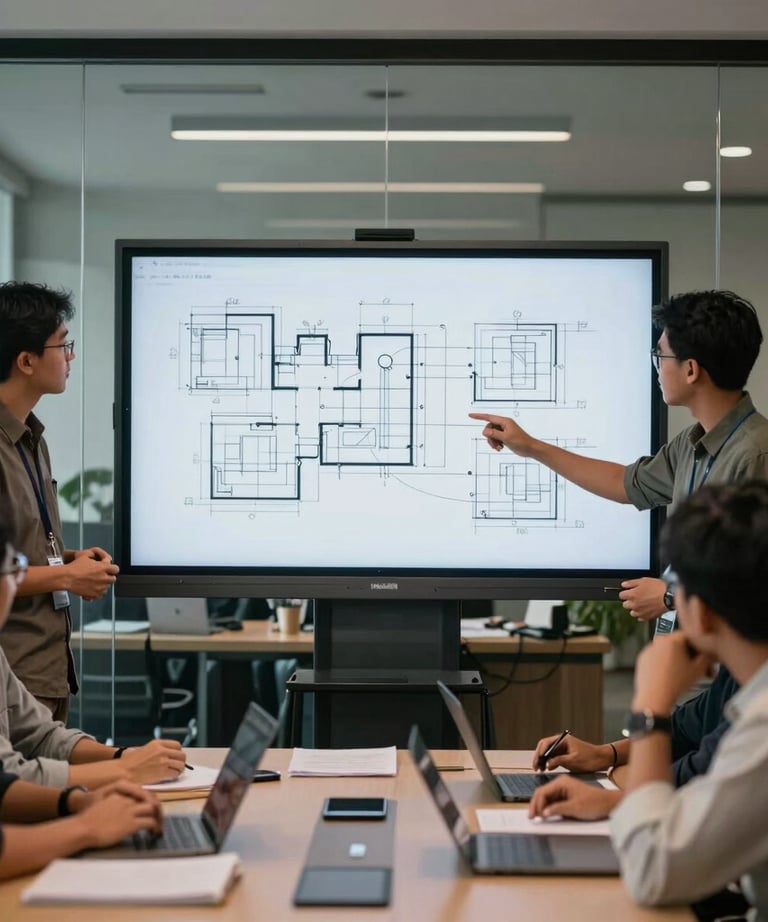 A group of Southeast Asian / Indonesian Students in a meeting room with glass walls, discussing technical drawings on a large screen, collaborative professional atmosphere.