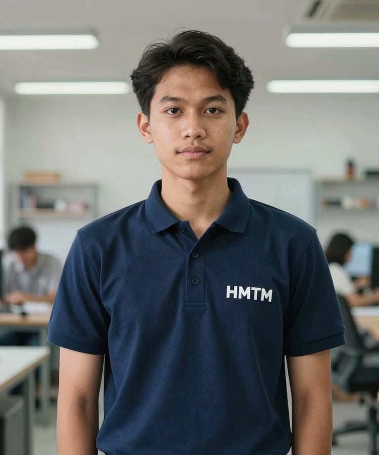 Portrait of a confident young Southeast Asian / Indonesian Student wearing a dark blue HMTM polo shirt, standing in a bright modern workshop area, professional lighting.