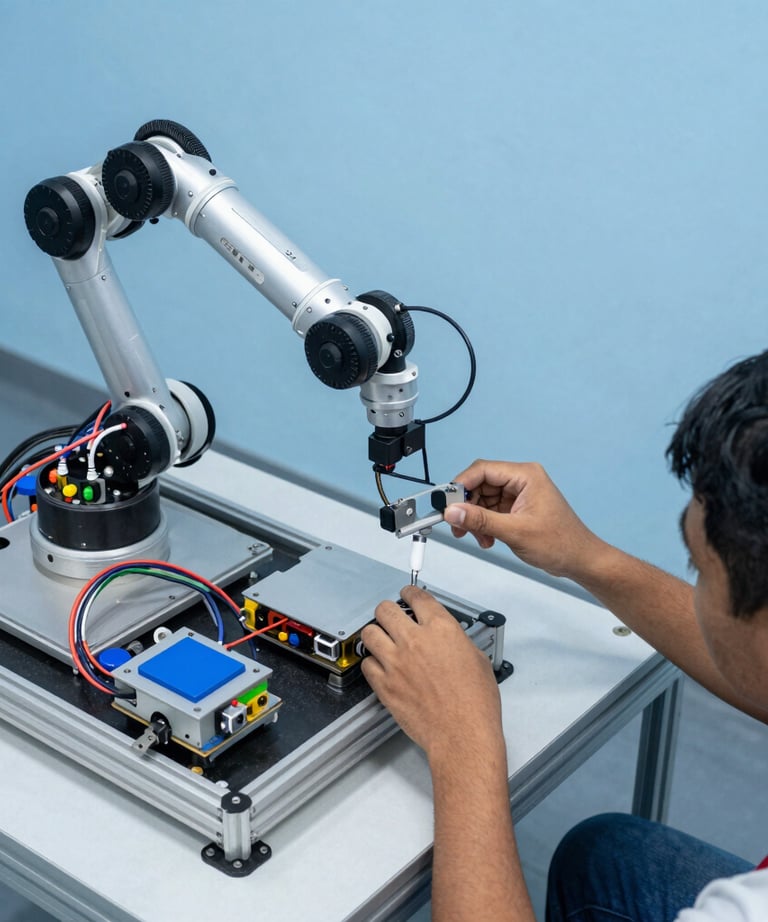 A top-down view of a robotics workstation with wires, sensors, and a small robotic arm being programmed by a Southeast Asian / Indonesian Student, sky blue lighting.