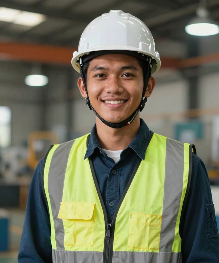 Portrait of a Southeast Asian / Indonesian Student wearing a safety vest and hard hat, smiling confidently in a modern manufacturing facility, warm industrial lighting.