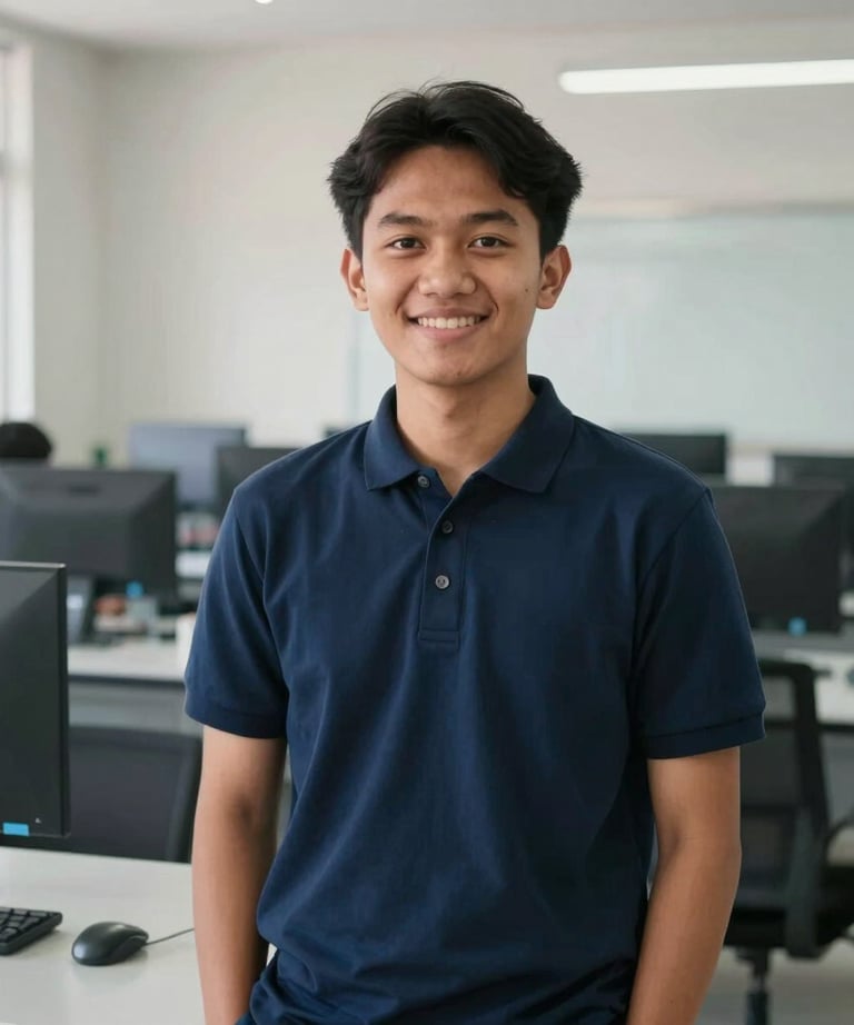Portrait of a Southeast Asian / Indonesian Student in a navy blue polo shirt standing in front of a modern computer lab, smiling confidently, bright natural light.