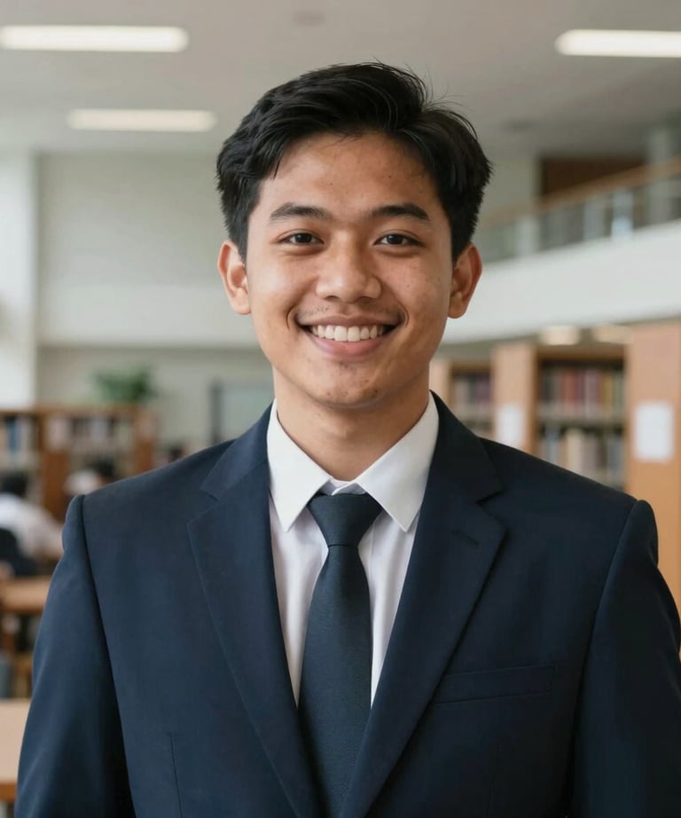 Portrait of a Southeast Asian / Indonesian Student in a formal blazer, smiling warmly against a blurred background of a modern university library, professional photography.