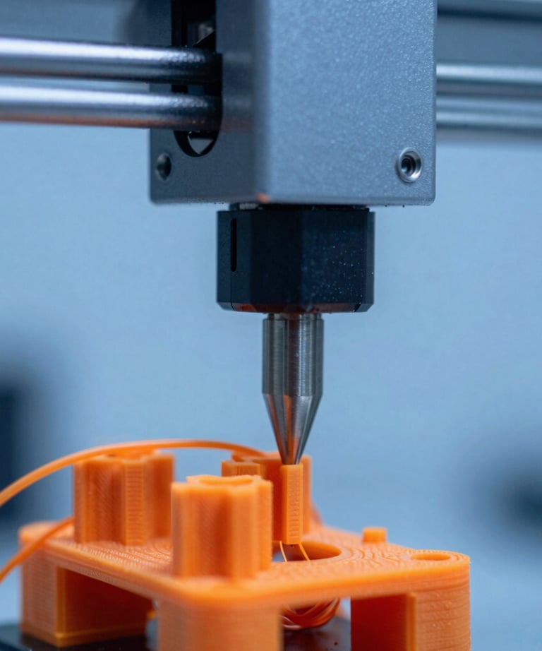 A close-up of a 3D printer nozzle extruding bright orange filament, forming a complex mechanical part, blue light backdrop, professional macro photography.