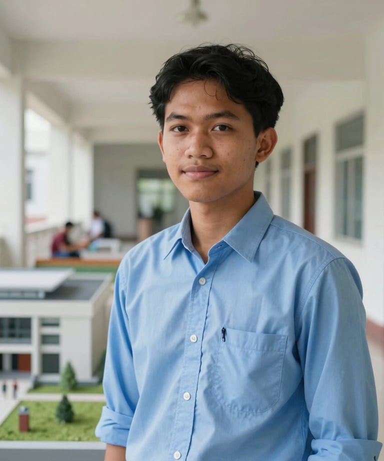 Portrait of a Southeast Asian / Indonesian Student in a professional sky blue shirt, standing in front of an architectural model, bright university hallway background.