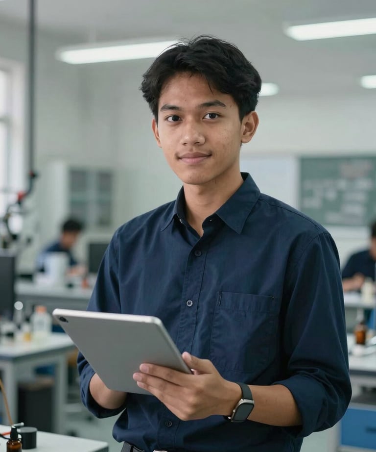 Portrait of a Southeast Asian / Indonesian Student in a professional dark blue shirt, holding a digital tablet, standing in a brightly lit engineering studio.