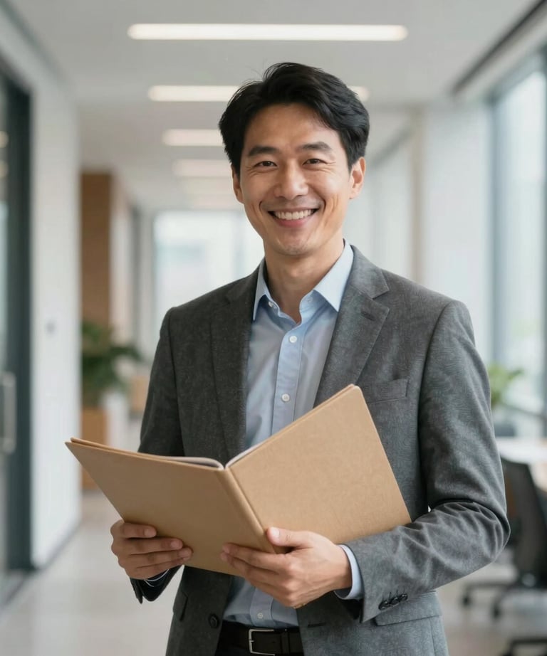 A portrait of a cheerful, professional project manager holding a folder, standing in a light-filled office corridor. Global / Western.