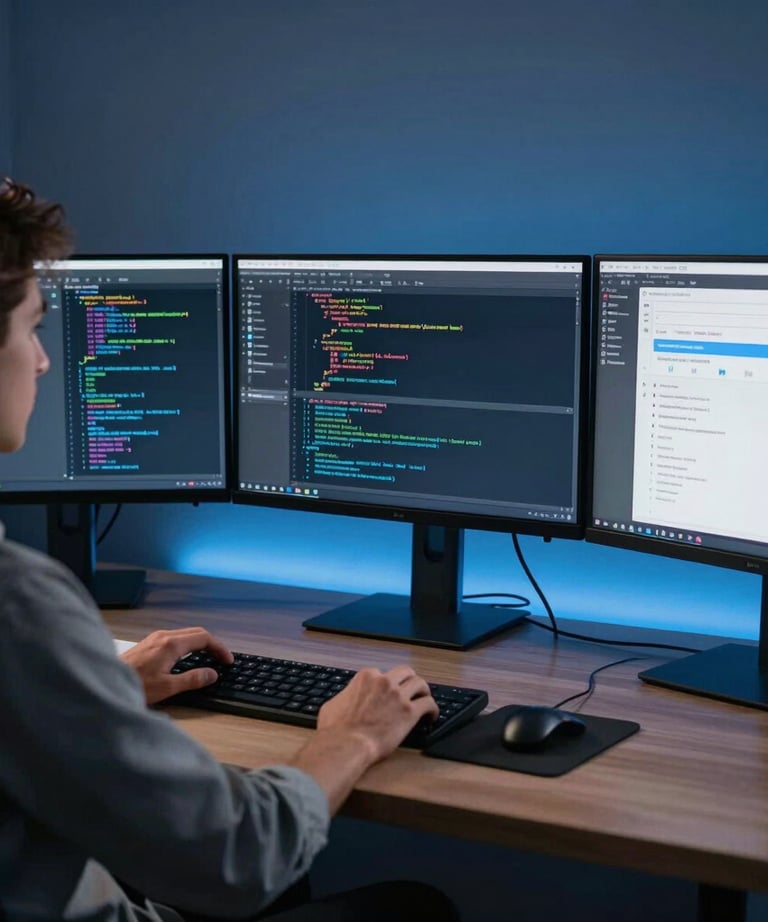 A lifestyle photograph of a professional developer working with three monitors in a dimly lit room with blue ambient lighting. The screens show complex code and app layouts. Global / Western.