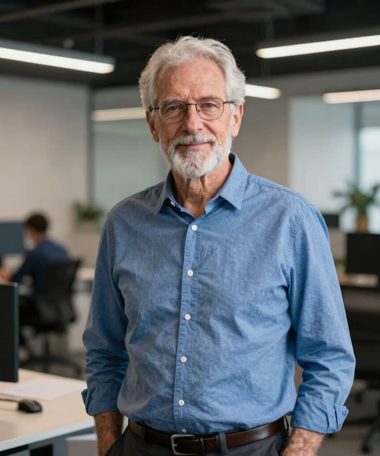 A portrait of a senior mobile developer wearing a blue shirt, standing in a modern, open-concept office. Global / Western.