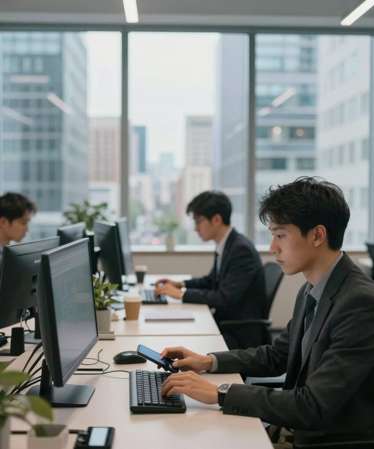 A photograph of a modern tech office with large windows overlooking a city, with employees working on computers and mobile devices. Global / Western.