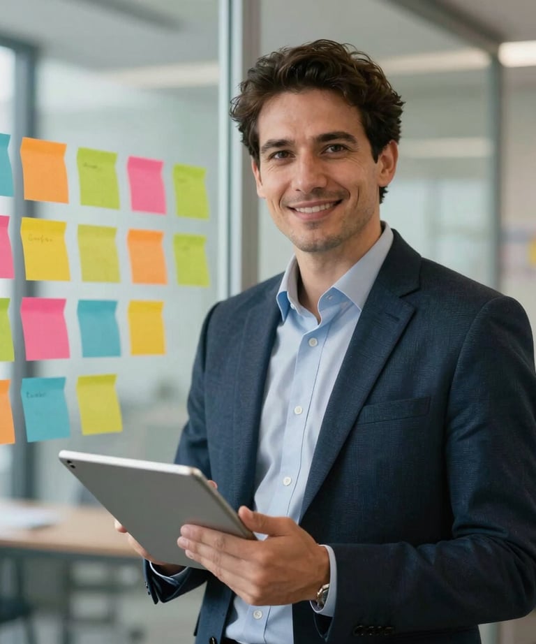 A portrait of a project manager with a digital tablet, standing in front of a glass wall with colorful sticky notes. Global / Western.