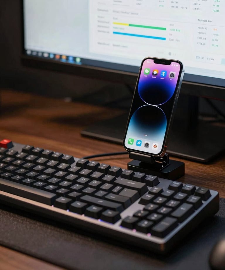 A professional desk setup with a mechanical keyboard and a phone docked to a screen showing app analytics. Dark, focused atmosphere. Global / Western.