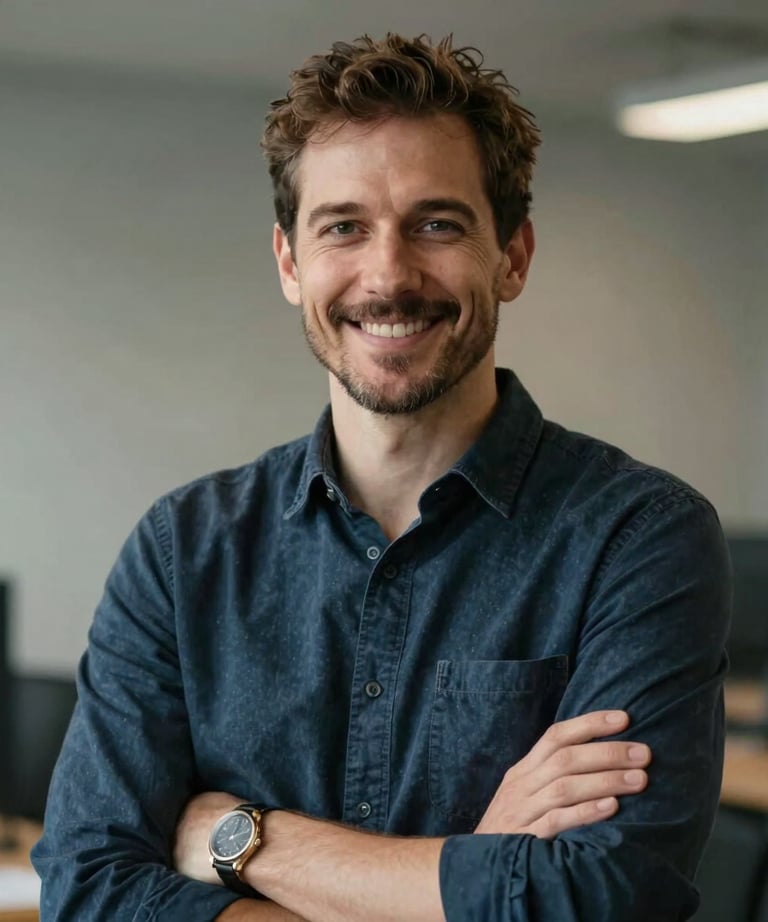 A portrait of an experienced lead developer in a casual professional setting, looking at the camera with a confident smile. Global / Western attire.