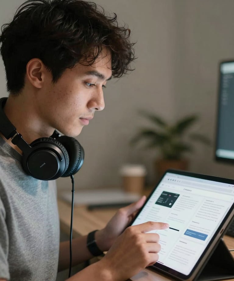 A portrait of a UX designer with headphones around her neck, looking at a digital tablet showing app wireframes. Global / Western.