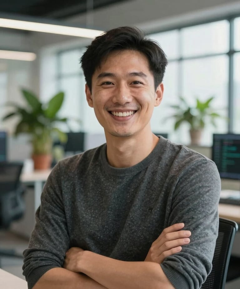 A professional portrait of a software engineer smiling in a brightly lit, modern office with soft daylight and green plants in the background. Global / Western.
