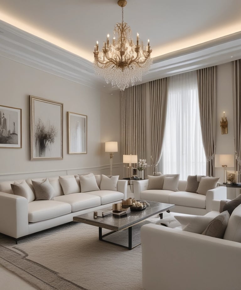 Interior shot of a stylish living room with plush seating and large windows overlooking Yas Marina.