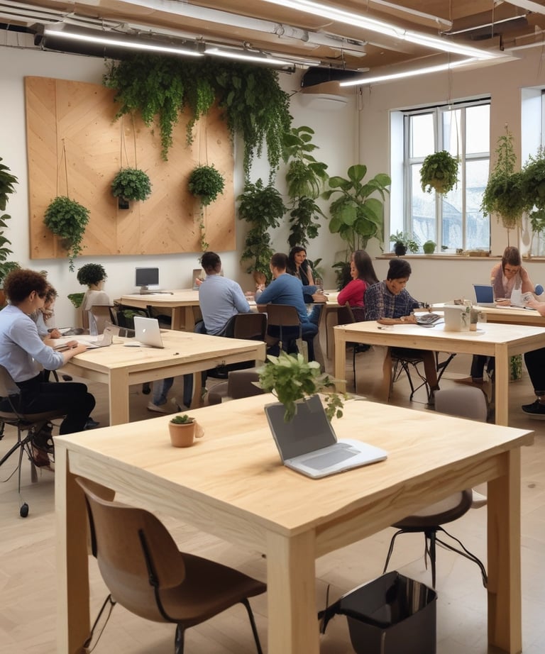 a group of people sitting at desks in a room