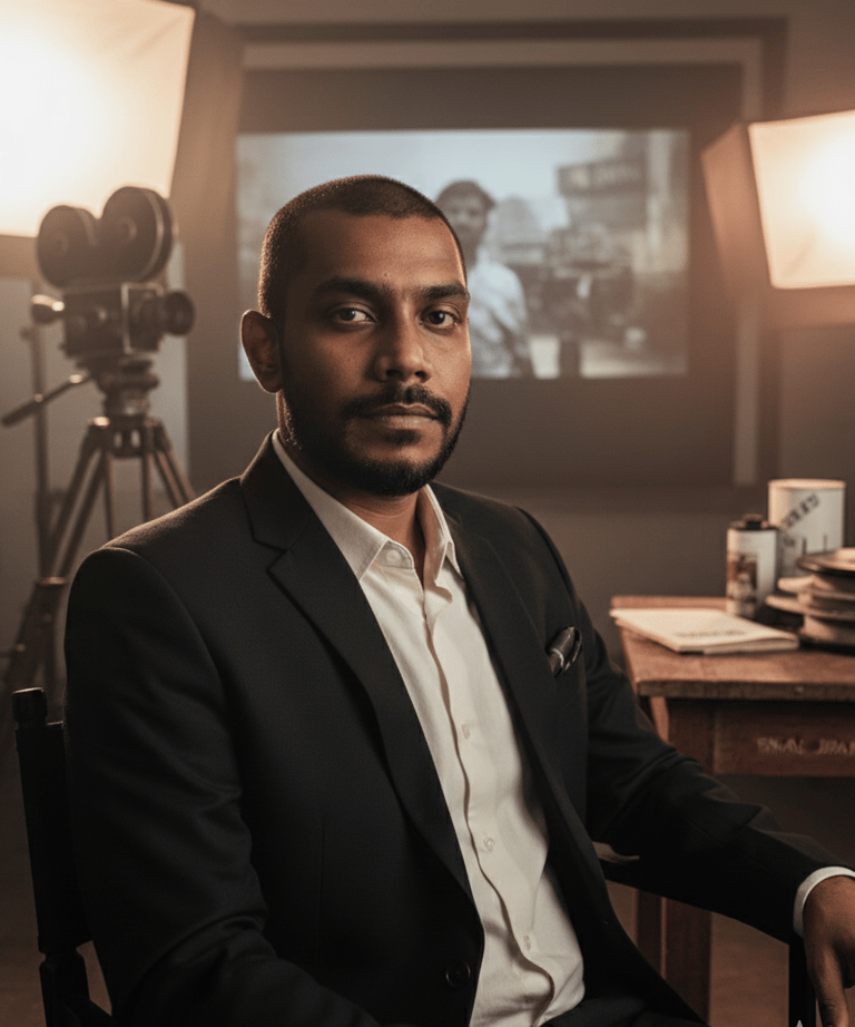 Sameera Wakwella - A male film director sitting in a studio with vintage movie cameras and lighting.