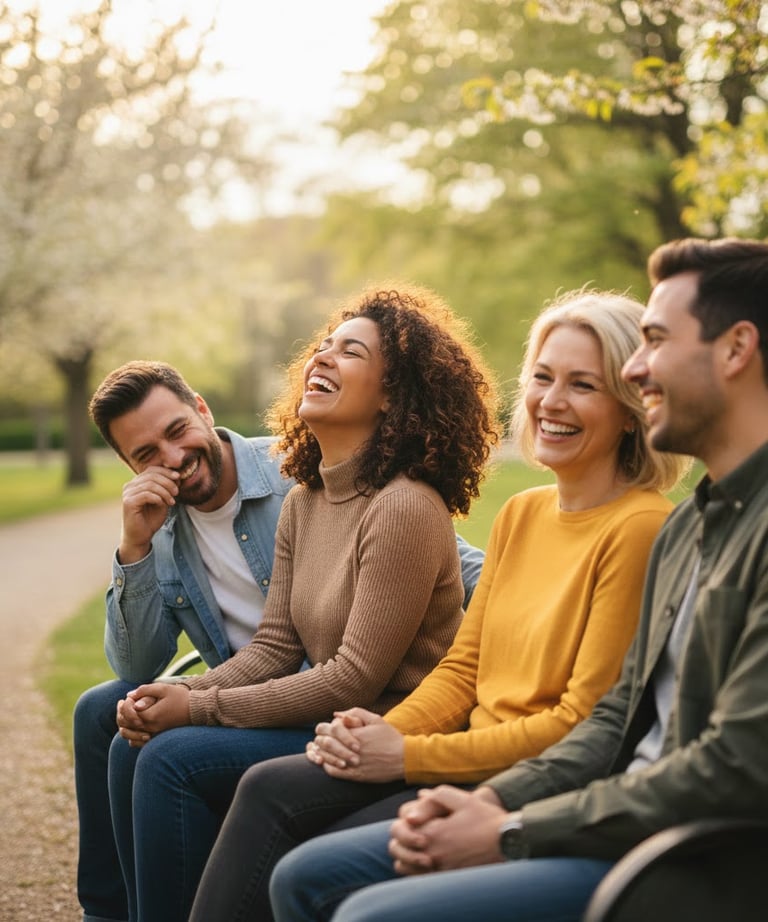 a group of people sitting on a bench in a park