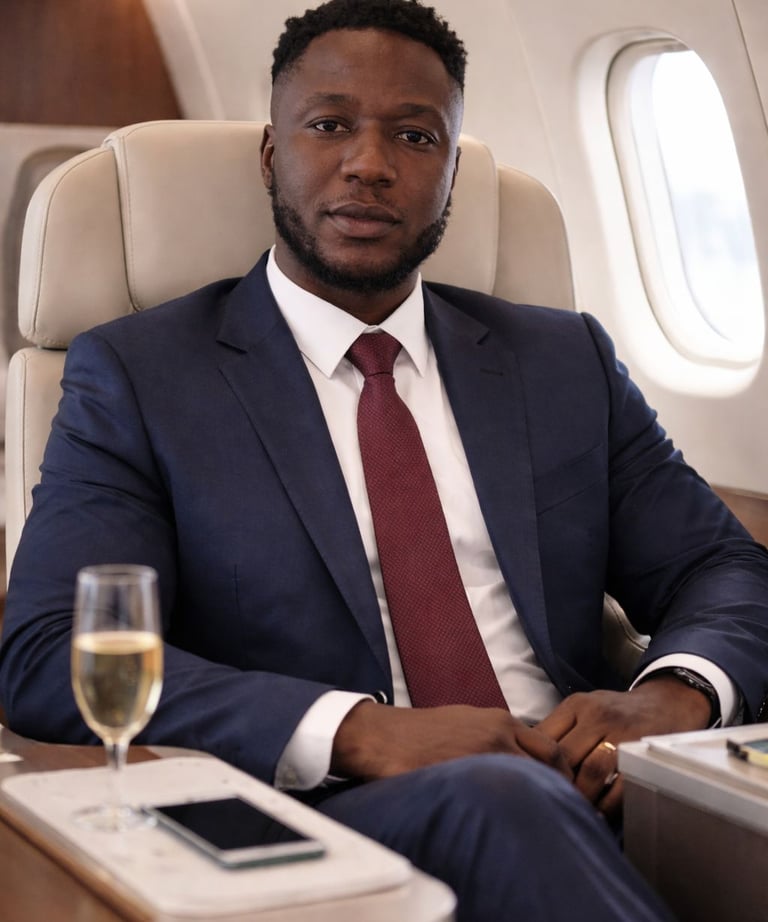 Professional businessman in a blue suit traveling in a luxury private jet cabin.